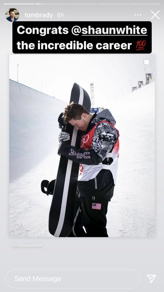 Two GOATs. 🐐

<a href="/TomBrady/">Tom Brady</a> congratulates <a href="/shaunwhite/">Shaun White</a> on his incredible snowboarding career. #WinterOlympics
