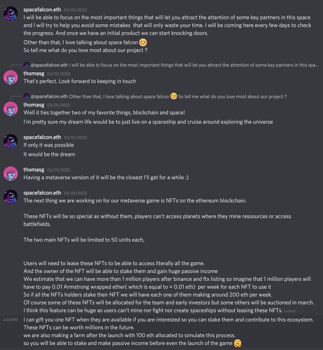 9/ She then tells me more about Space Falcon. It seems kind of like a get-rich-quick scheme, but again, that's kind of how I see a lot of NFTs. With all that she's doing for Arrow, there's no harm in showing a little support.