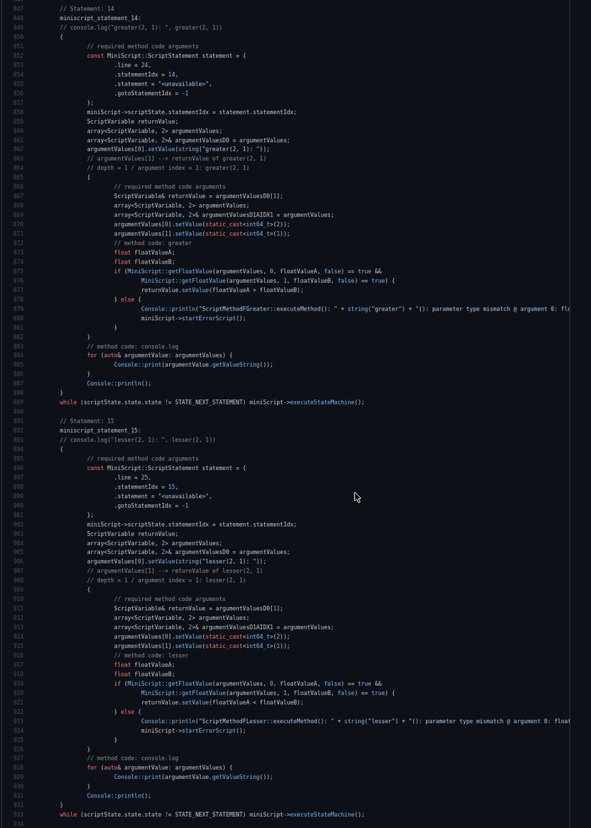 andreas_drewke's tweet photo. Hi, just started with a #tdme2 MiniScript to C++ transpiler. It works already. And I think that is beautiful.

#myownengine #wip #wsgame #indiedev #indiegame #mindty #tdme2 #opensource https://t.co/C3mjA26WCs