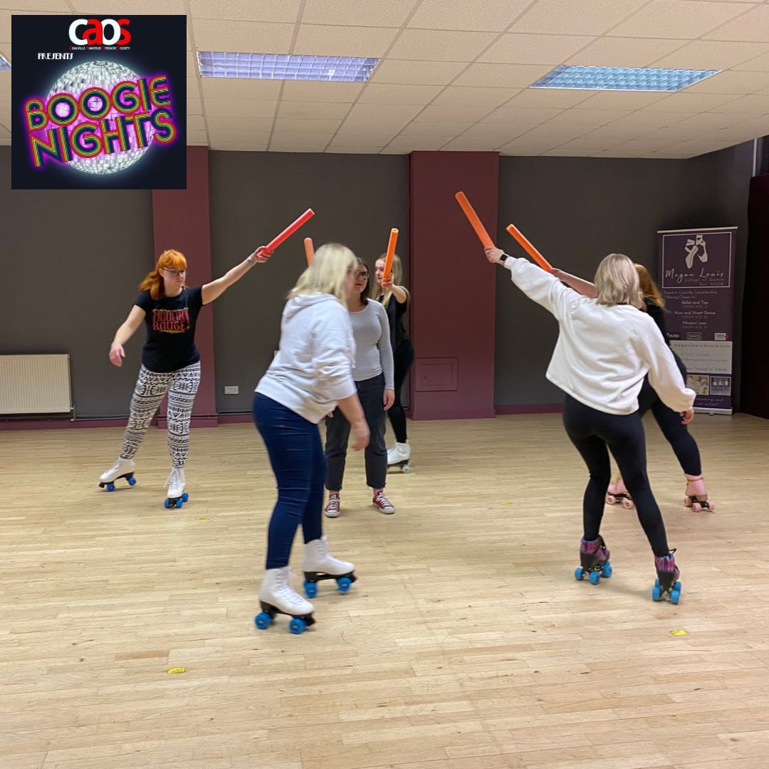 CAOSchair's tweet photo. Our roller skating team in rehearsal! 🛼✨ 1 week to go until our cast are in the theatre prepping for show week!!! 🕺🏼
🎟 https://t.co/kIrgG7fGSz
📞 Box office 07557 979302 
🎭 22nd - 26th February 2022
📍 Iveshead School, Shepshed, LE12 9DB #CAOS #BoogieNights2022 #rollerskating https://t.co/eKHhyD05hk