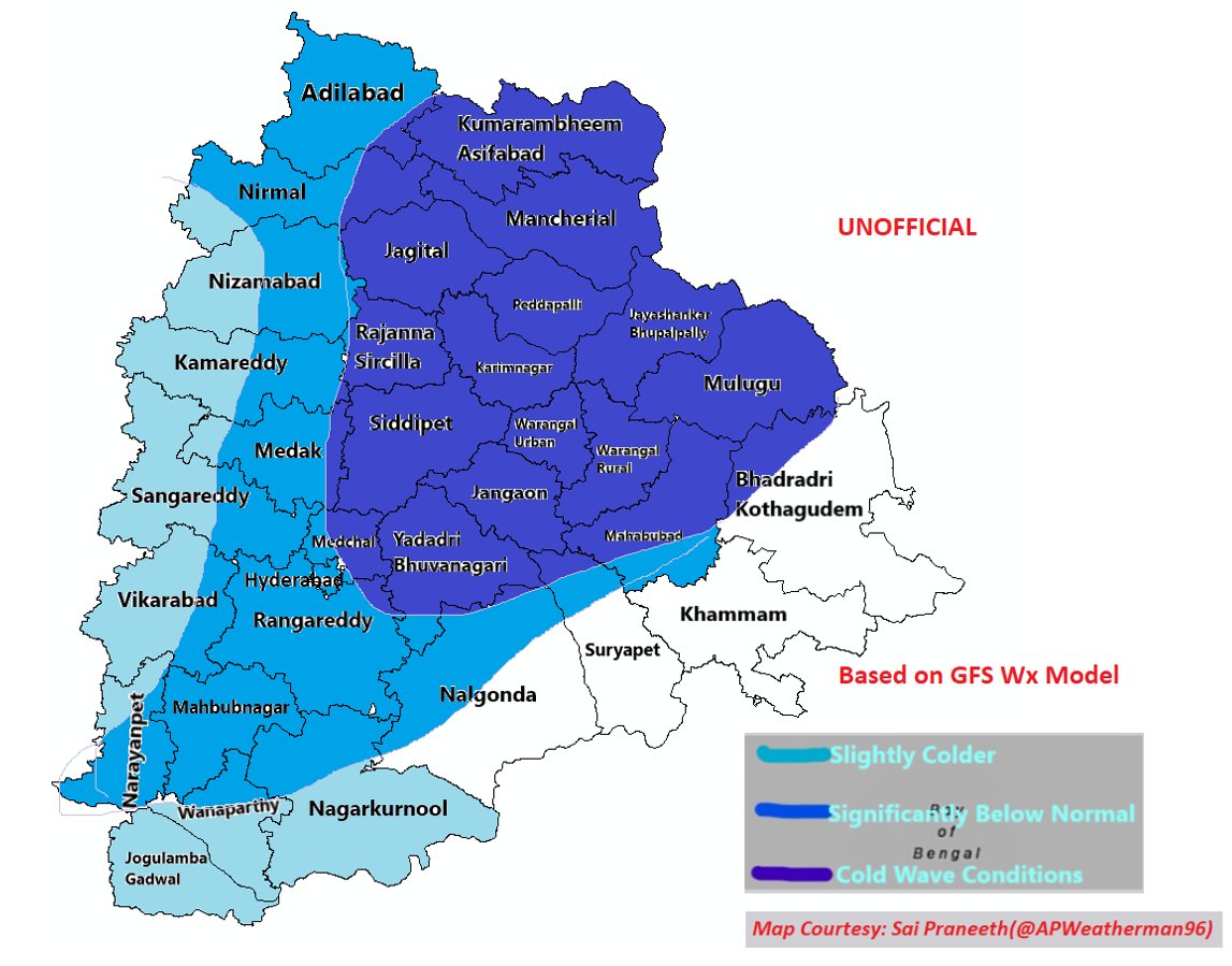 Rajani_Weather's tweet photo. @24HrWx #Telangana 
Refer to map for likely min temp patterns tonight and early tomorrow.
NE Telangana can see cold wave conditions with min temp near 9-10^C
Central TS temp can drop to 10-11^C https://t.co/jpIJDtmJXu