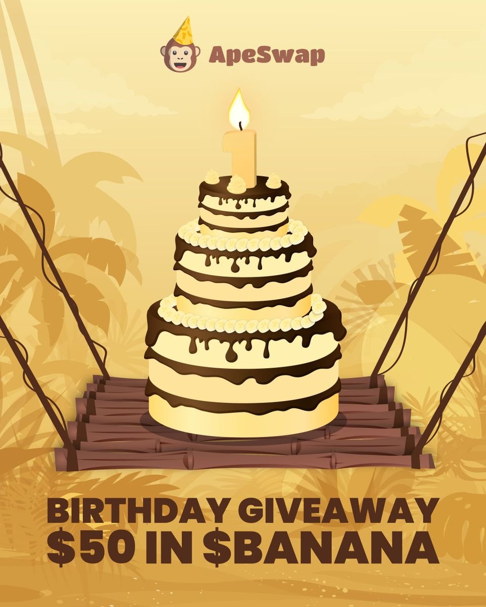 JulianApeSwap's tweet photo. #ApeSwapTurnsOne Birthday Giveaway 🎉💰

Can't believe it's been a year already!!

🎁 To win:

RT This tweet ♻️
&amp;
Follow every ApeSwap team member 🐵

Look for all the accounts on @ape_swap's main post! https://t.co/2ni81CbxnA