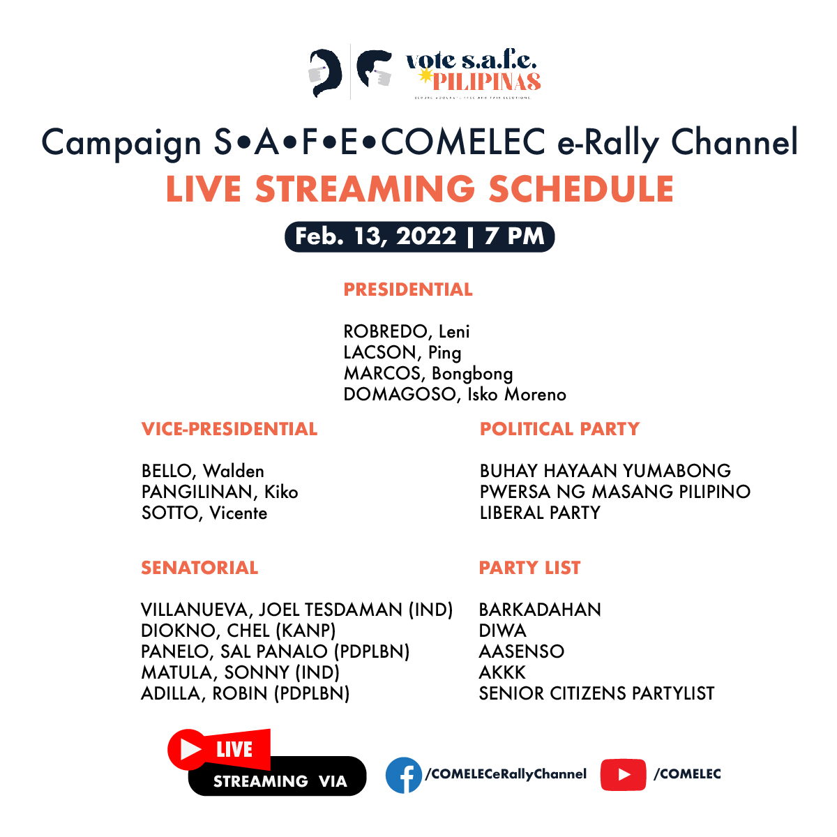 radyocomelec's tweet image. COMELEC e-Rally live streaming schedule
13 February 2022
Watch via:
facebook.com/COMELECeRallyC…
youtube.com/COMELEC
#VoteSAFEPilipinas
#2022NLE #NLE2022
