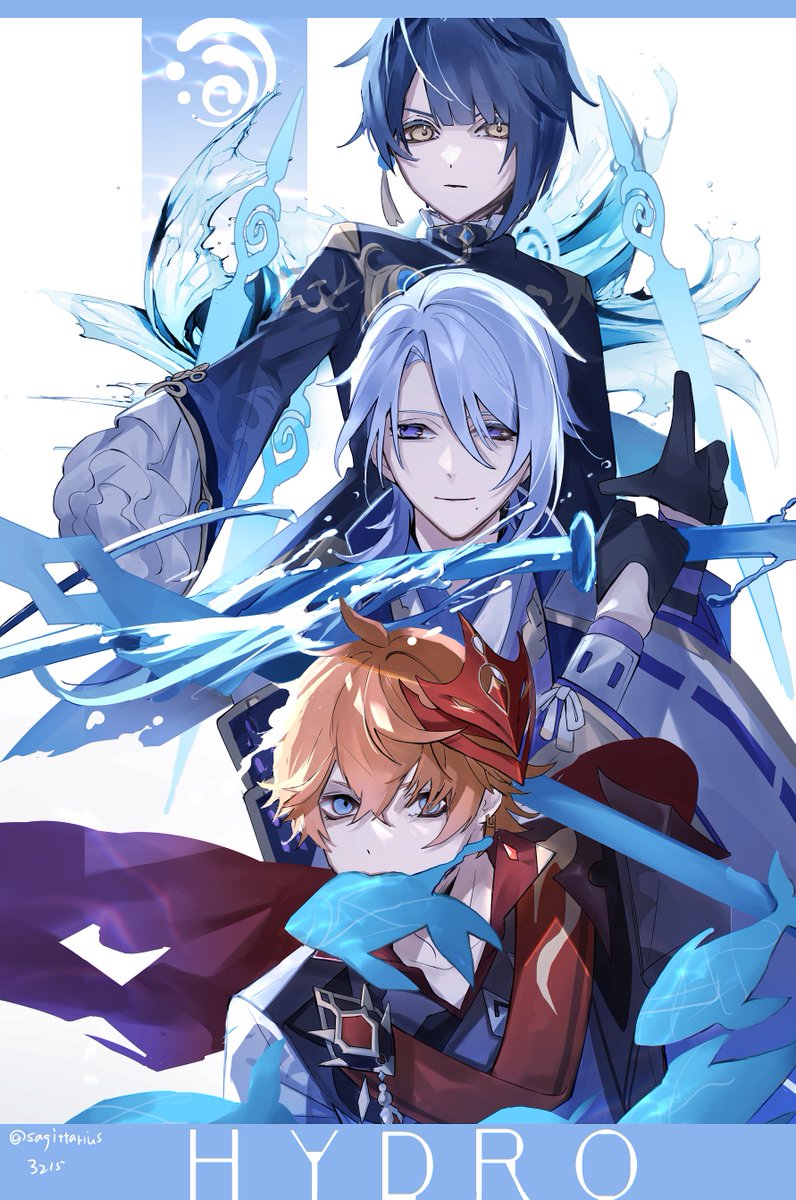 tartaglia (genshin impact) multiple boys blue hair 3boys holding weapon mask holding blue eyes  illustration images