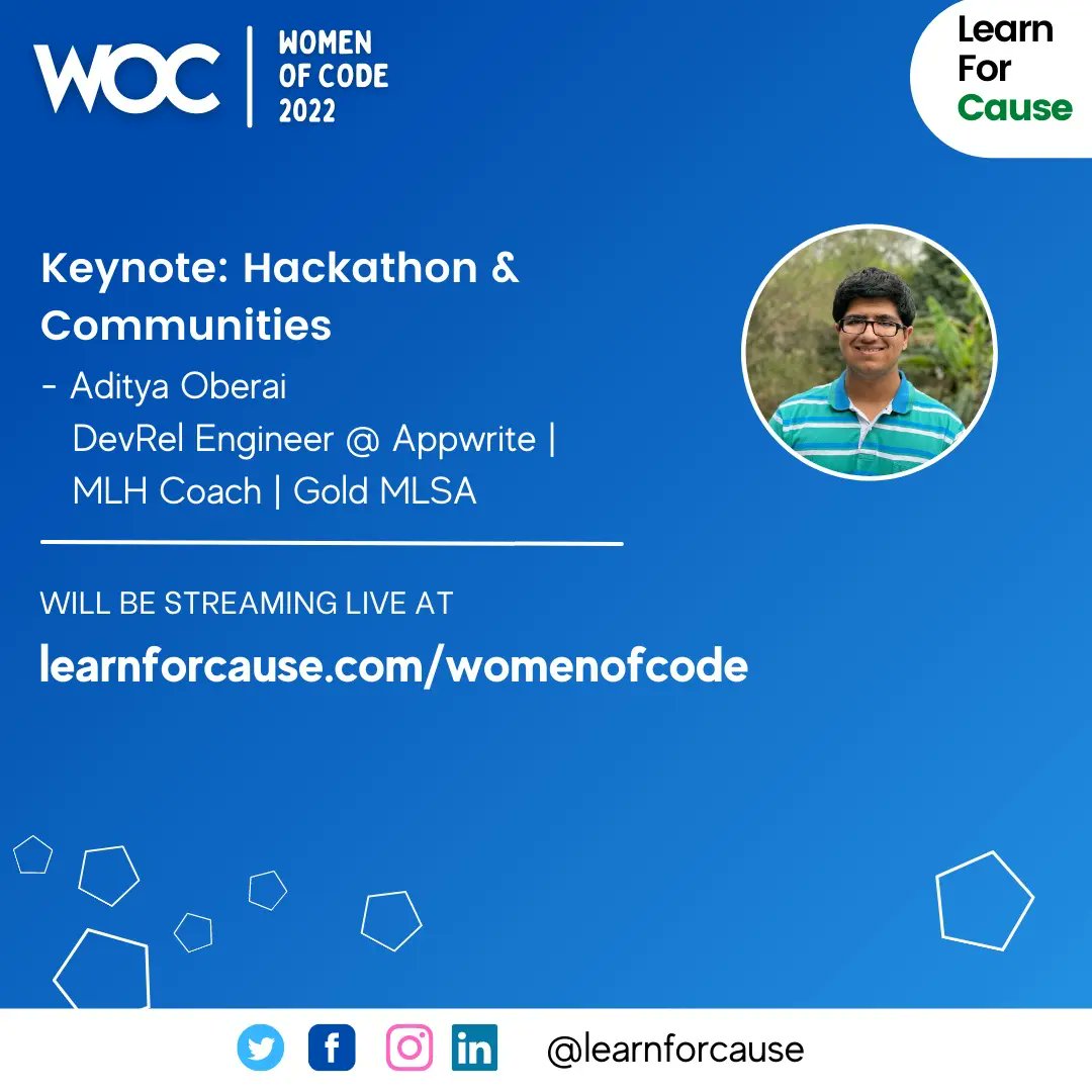 LearnForCause's tweet photo. Women of Code Summit 2022 - Day 3 has already kicked off.
We are hosting @adityaoberai
in a Keynote Session on "Hackathon & Communities" at sharp 1:00 PM IST
The session will be streamed live at the wocode summit dashboard.
#WomenofCode #WomenofCodeSummit https://t.co/usuoIsrxTU