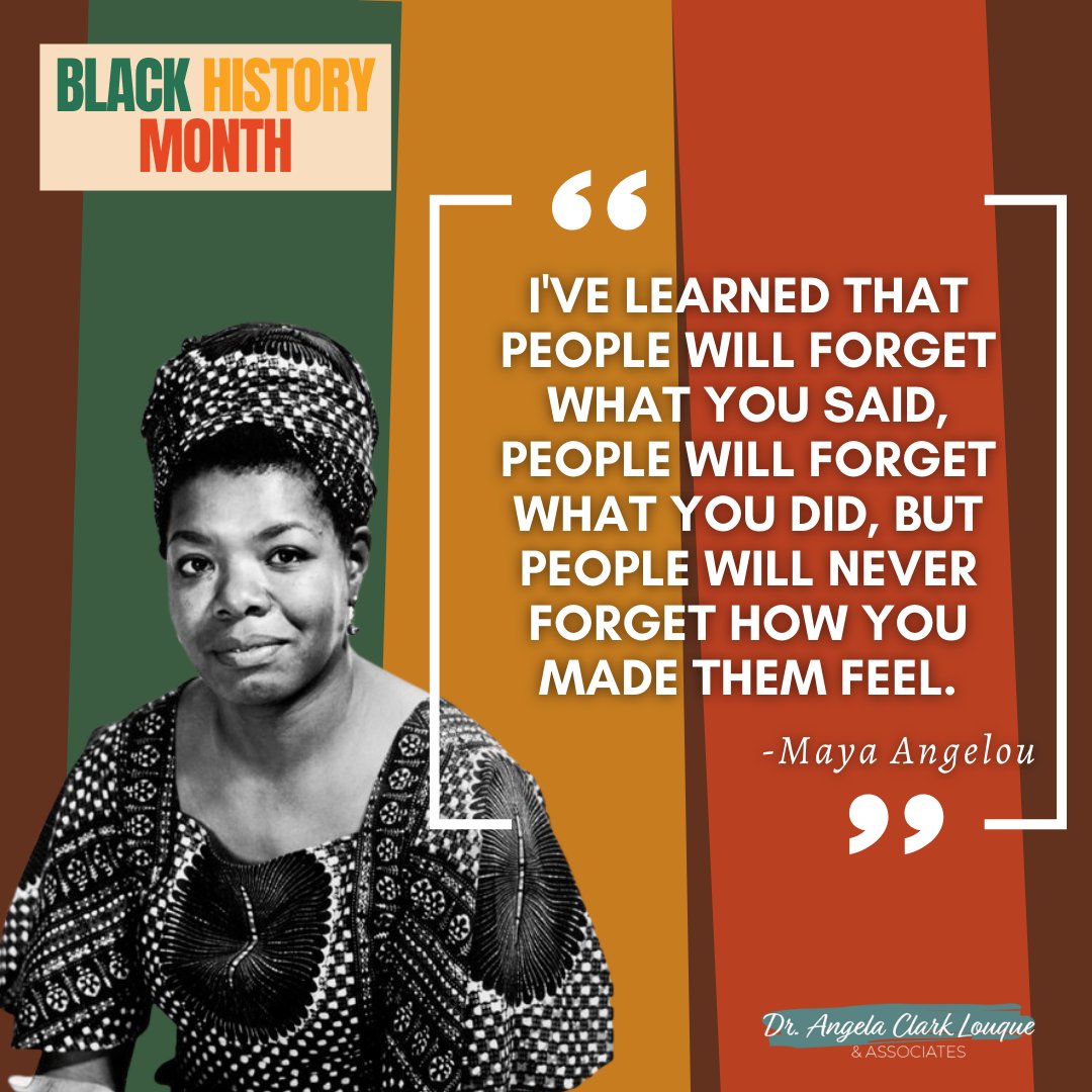This week we recognize Maya Angelou,
Civil Rights Activist. 1928-20014. "I've learned that people will forget what you said, people will forget what you did, but people will never forget how you made them feel." #BlackHistoryMonth2022 #BHM2022 #EquityPartnerships #MayaAngelou
