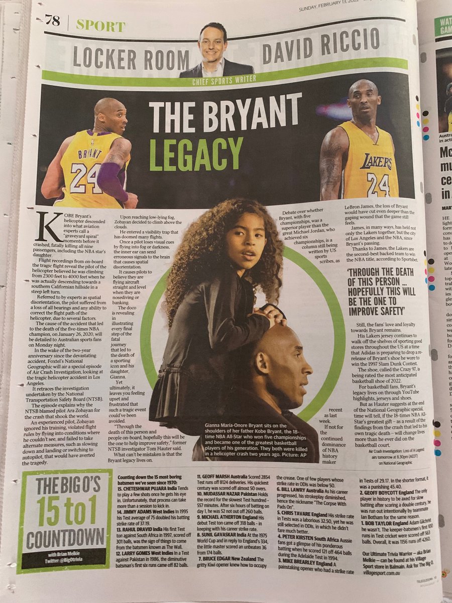 adamsantarossa's tweet photo. Great full page feature in @dailytelegraph on Air Crash Investigation: Kobe Special. Airs Monday Feb 14 on @natgeoau at 8.30 pm AEDT #Kobe #NatGeo #LossofALegend https://t.co/LpJmzY9qFS