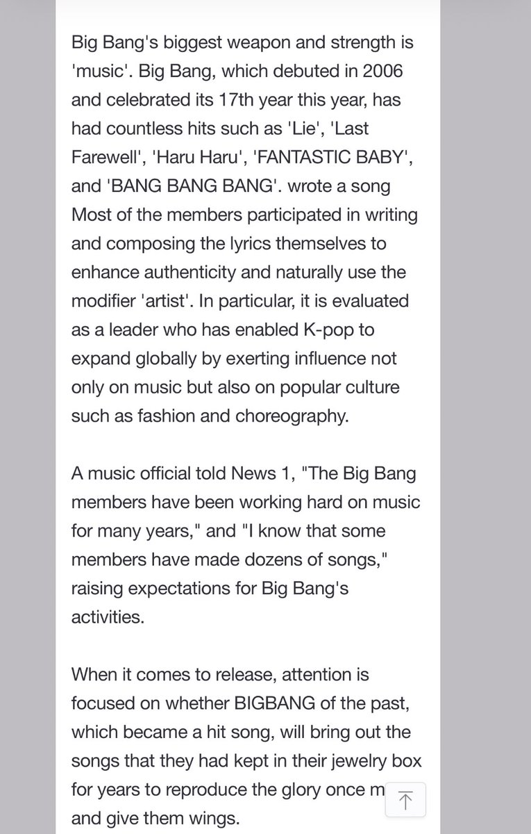 “#BIGBANG 's biggest weapon and strength is 'music'”

A music official told News 1, "The BIGBANG members have been working hard on music for many years," &amp; "I know that some members have made dozens of songs," raising expectations for BIGBANG's activities
n.news.naver.com/entertain/arti…