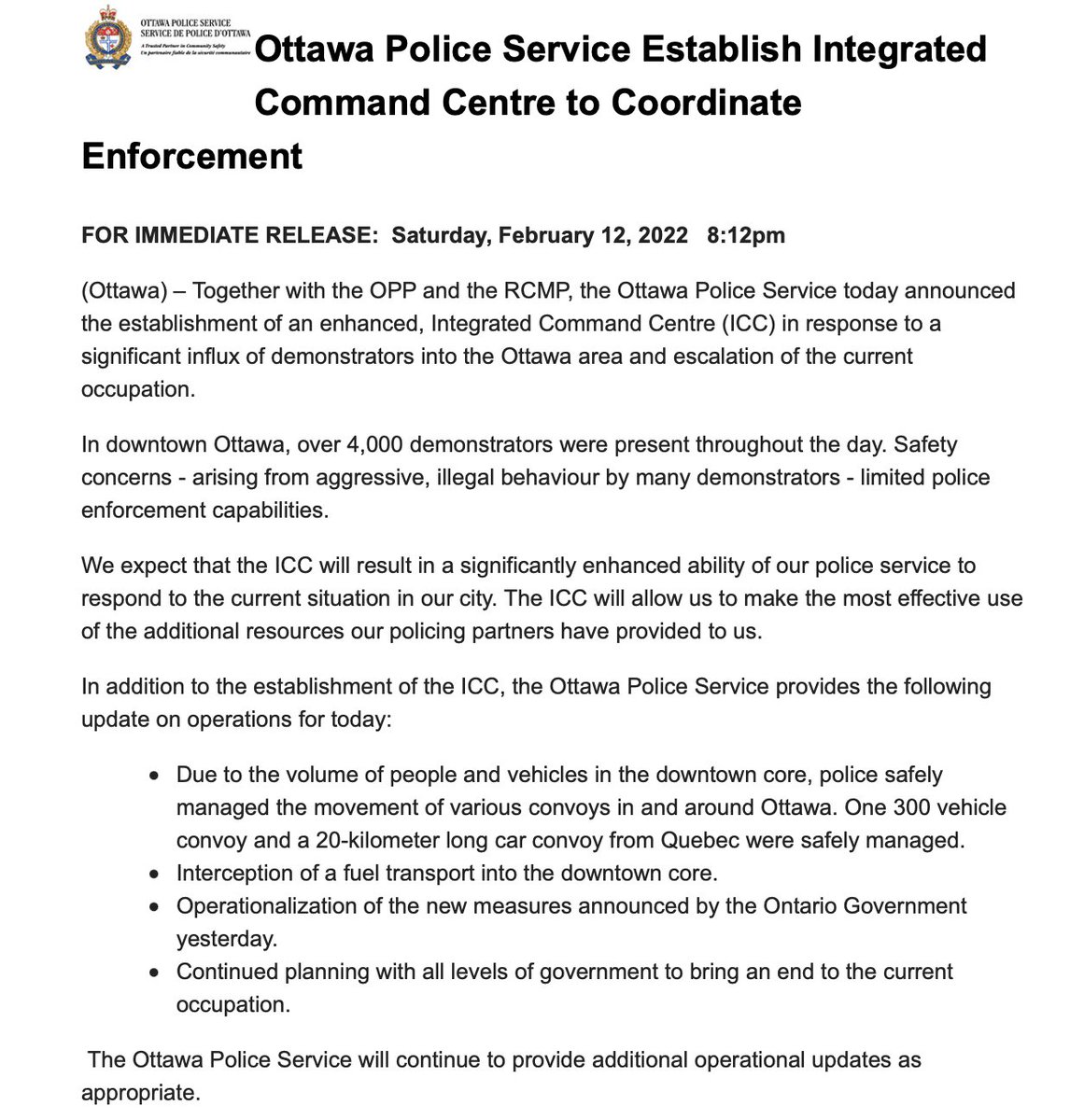 The Ottawa police, RCMP and OPP have decided to start working together on the Ottawa thing.