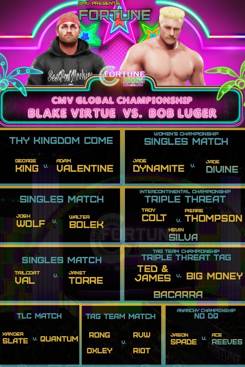 OfficialCMV_'s tweet photo. This Monday! Which Crossfire superstars will find Fortune? Jason Spade vs. Ace Reeves, Josh Wolf hopes to put Walter Bolek in his place and in the main event, Blake Virtue, has his shot at redemption when he challenges Bob Luger for the CMV Global championship! #CMV https://t.co/GicZycWDV4