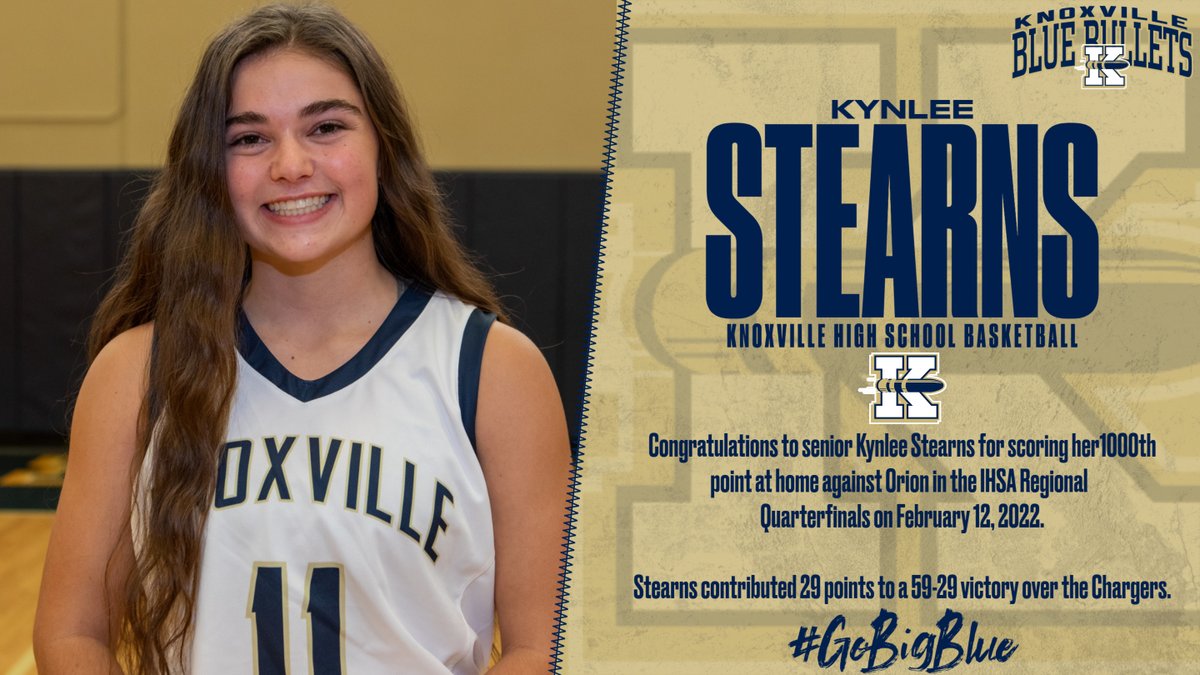 WeAreKnoxville's tweet image. Congratulations to @kynlees4  on reaching the 1000-point mark in the regional quarterfinals tonight!  Stearns scored 29 in the 59-29 Lady Bullet victory against Orion.
