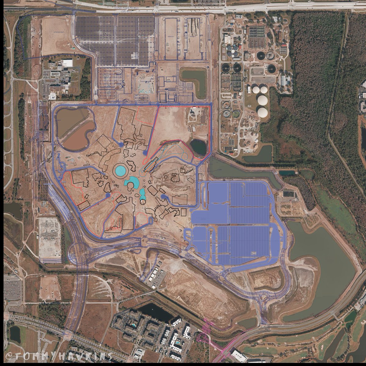 Red areas are expansion pads, and Checked lines are coaster tracks, blue shaded are the show ponds. From this point onwards, referring to the service one as the ring road, and the resort road leading east from Kirkman is Universal Way