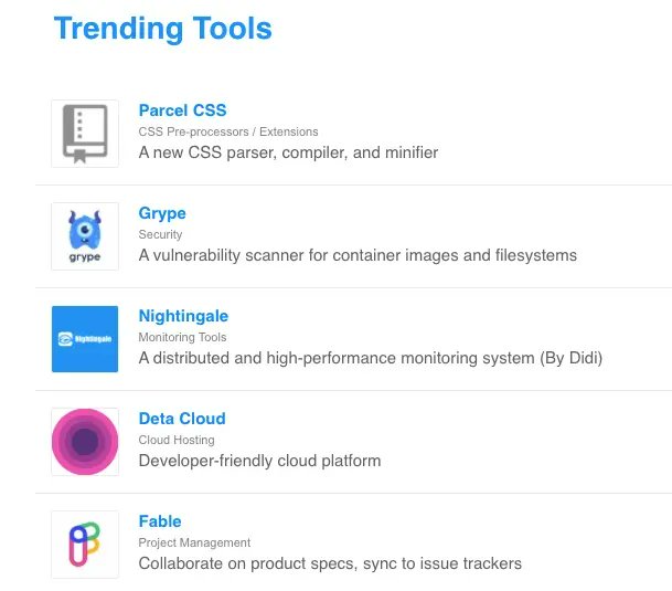 stackshareio's tweet photo. 📈 ICYMI: Top 5 New Trending Tools 👇🏾

1. #ParcelCSS
2. @GrypeProject
3. #Nightingale
4. @detahq
5. @Try_Fable

👉🏾  https://t.co/y5LBpXMc8I

🗞  Subscribe to StackShare Weekly: https://t.co/oDYSE9Bd88 https://t.co/oNrIZdcP7H
