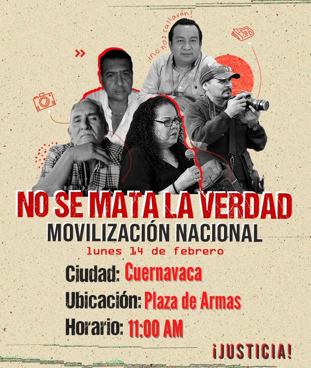 article19mxca's tweet photo. 📍Movilización de periodistas en #Cuernavaca.
#NoSeMataLaVerdad
#MovilizaciónNacional
#PeriodismoEnRiesgo https://t.co/glb7XeJh0O