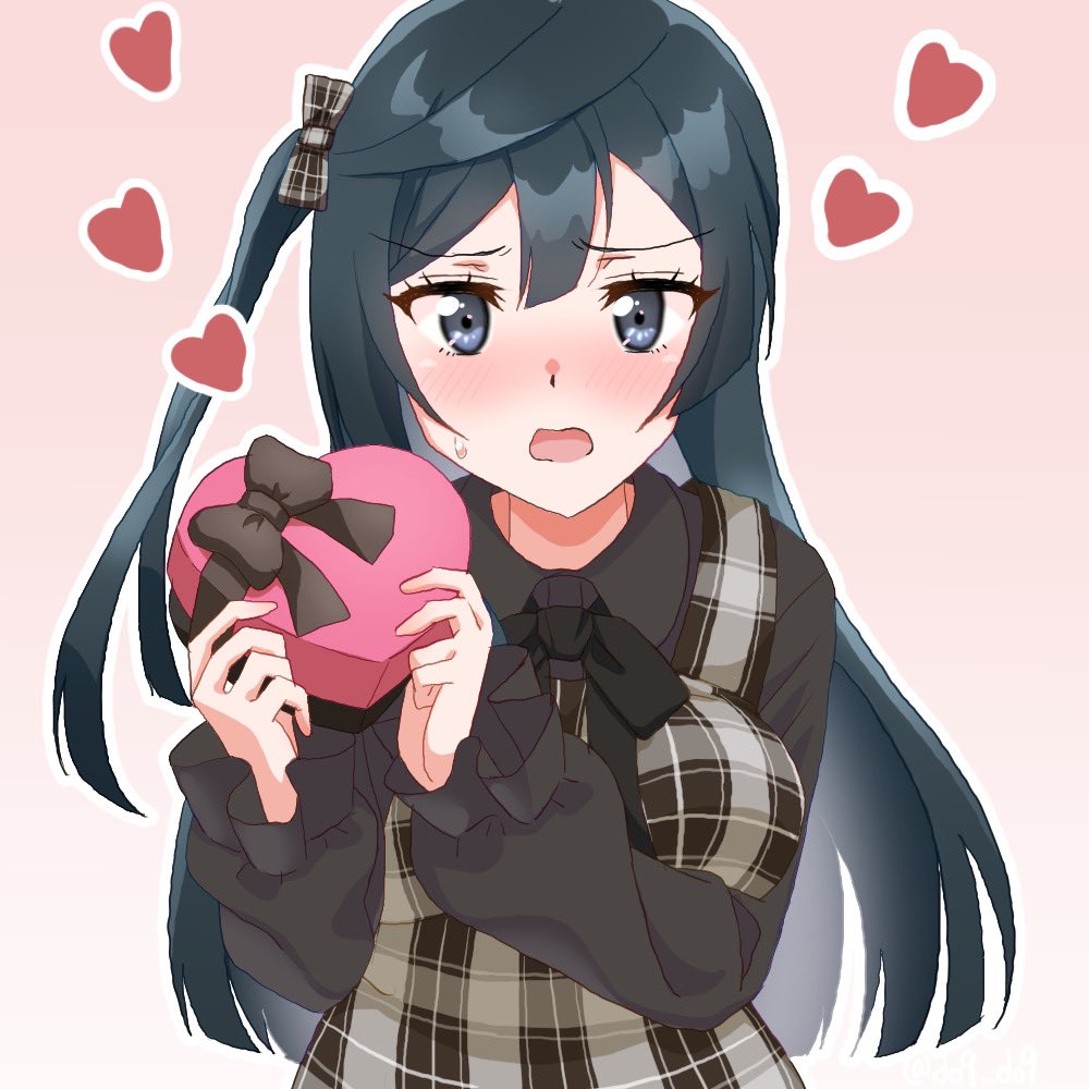 yuuki setsuna (love live!) 1girl solo long hair heart-shaped box black hair box one side up  illustration images