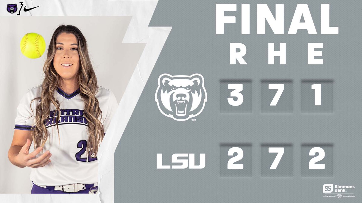 FINAL | BEARS WIN! BEARS WIN! <a href="/CoachJenParsons/">Jenny Parsons</a>  gets her first win as head coach of Central Arkansas against No. 14 LSU! Jaylee Engelkes with a pair of RBI in the win!

#BearClawsUp