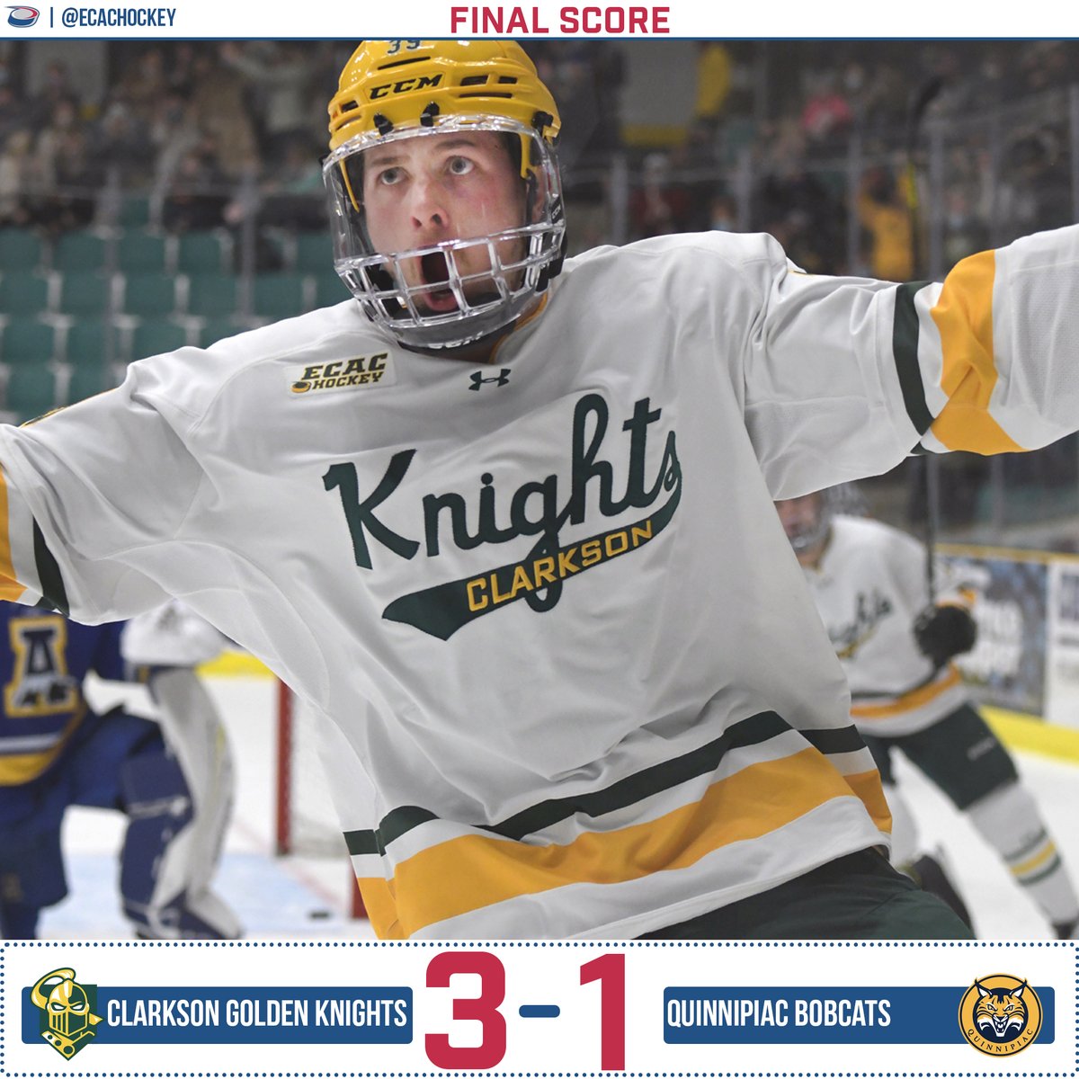 ecachockey's tweet photo. The Golden Knights are the HOTTEST team in the country.

@ClarksonMHockey runs its unbeaten streak to 🔟 with a win over Quinnipiac. Luke Santerno with a pair of goals, including the game-winner. Tsekos also scored, while Ethan Haider made 28 saves.

#ECACHockey | #LetsGoTech https://t.co/8FCoY688xw