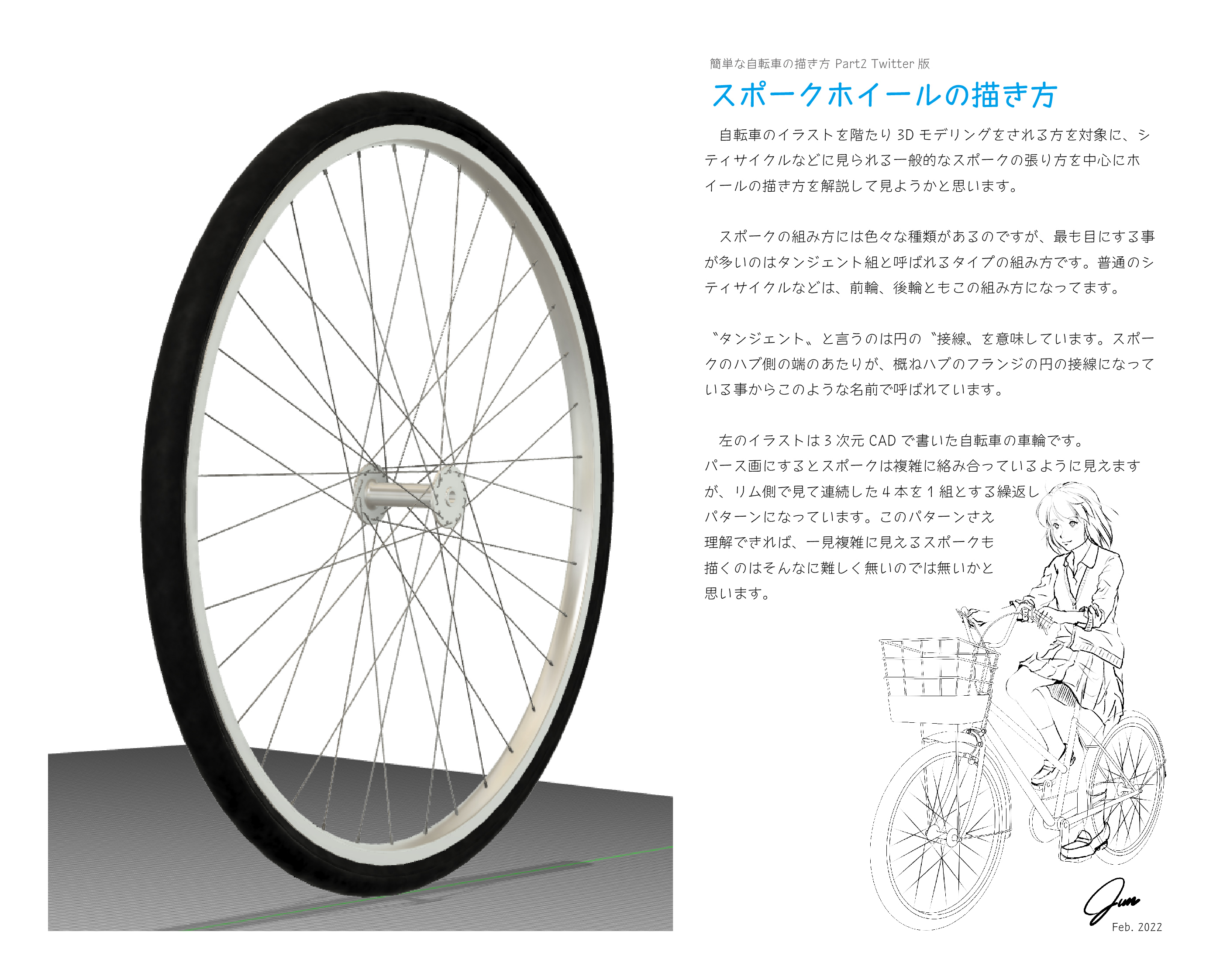 秋村じゅん 自転車のスポークホイールの描き方の解説を書きました 昨年 勢いで書いた 簡単な自転車の描きかた T Co Crbha2gcks の続編です 説明図にcgを使えるのは写真よりスッキリしてて良いなぁ Fusion360 イラスト T Co