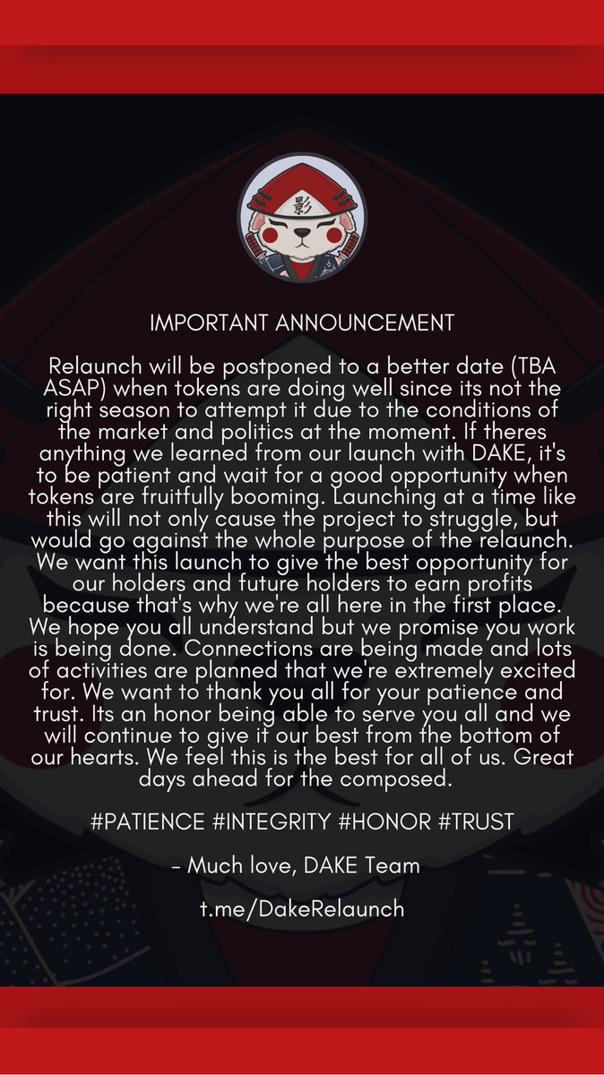 Official_VLPRO's tweet photo. IMPORTANT ANNOUNCEMENT! Please take the time to read through this for the latest relaunch update.
Thank you all for your patience and support! Its an honor serving you all β©
#DOGKAGENATION #RELAUNCH #DAKENATION https://t.co/GGni17omNL