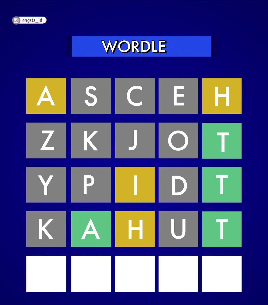 Engsta_ID's tweet photo. Have you played Wordle? 
It's a fun game that tests your vocabulary, but it's also a #puzzlegame! Can you guess the word? Hint: you do it regularly or often.

#esl #english #TOEFL #vocabulary #belajarbahasainggris #bahasainggris #Wordle https://t.co/d4IuIHTJL3