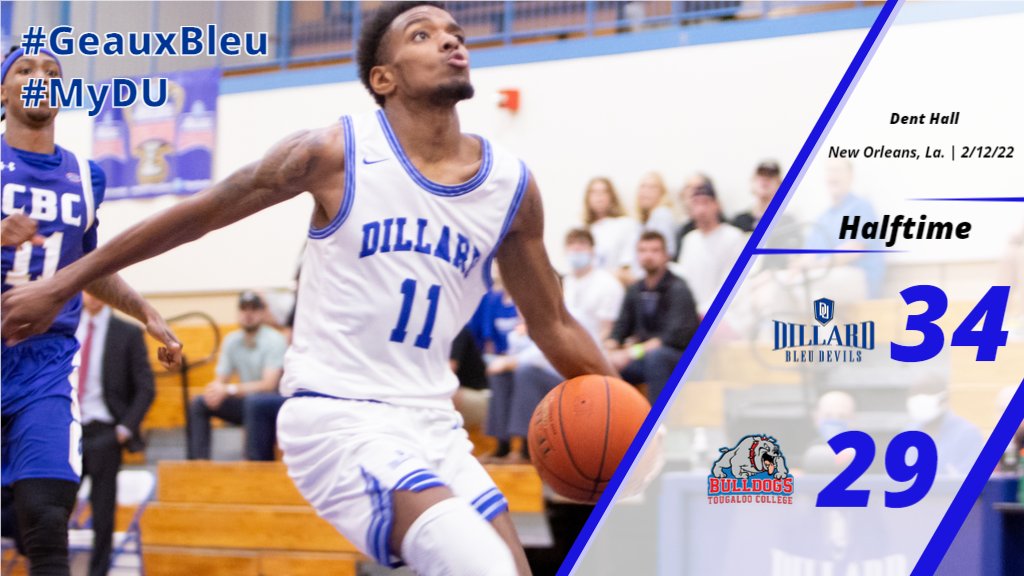 GeauxDU's tweet photo. Halftime Graphic: @BleuDevilsMBB leads Tougaloo 34-29 at the break of the #BleuDevilClassic...Elijah Moore leads all scorers with 14 points #MyDU #GeauxBleu https://t.co/5Pg3q82yap