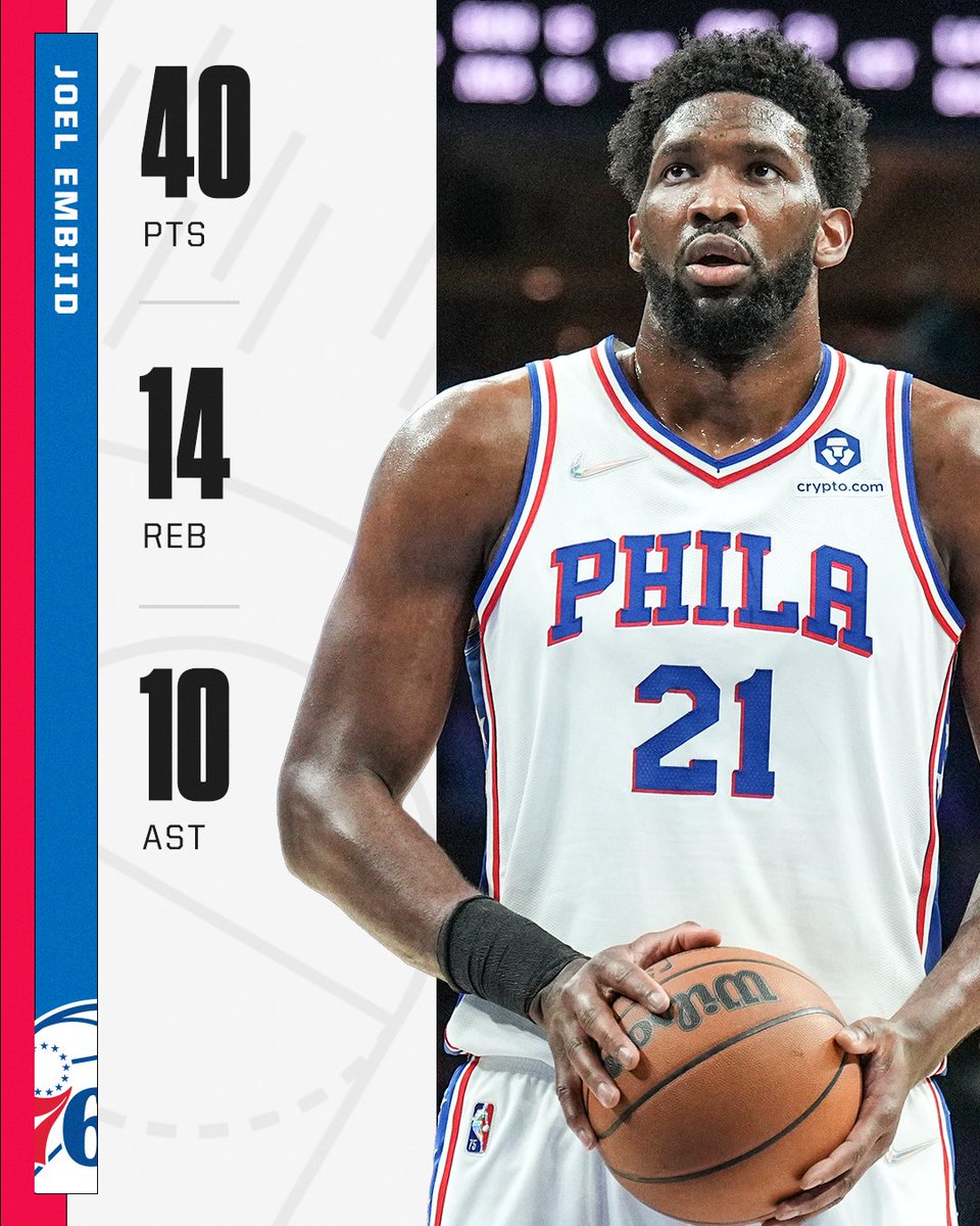 ESPNNBA's tweet photo. Joel Embiid is the first Sixers player with a 40-point triple-double since Wilt Chamberlain in 1968 😳 https://t.co/kxt1TOryHL