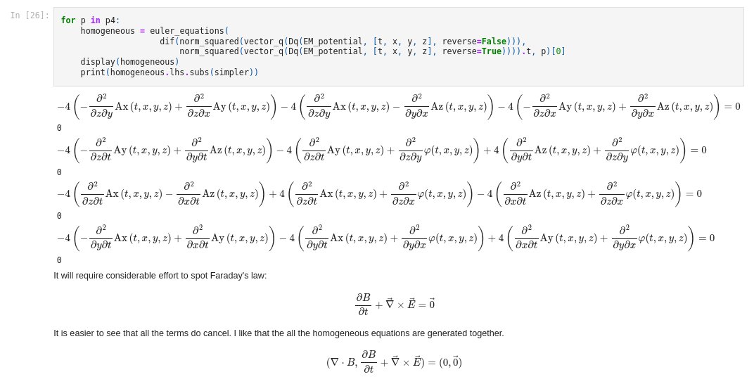 visualphysics's tweet photo. In support... For a simple EM wave, E.B is invariant because it is zero. The norm squared of (B-E) minus the norm squared of (-B-E) is zero since the size of B stays the same and IS 4E.B. Do Euler-Lagrange on E.B, and out pops the no-monopoles and Faraday's law. Nice. https://t.co/7lHNX0Ur3M