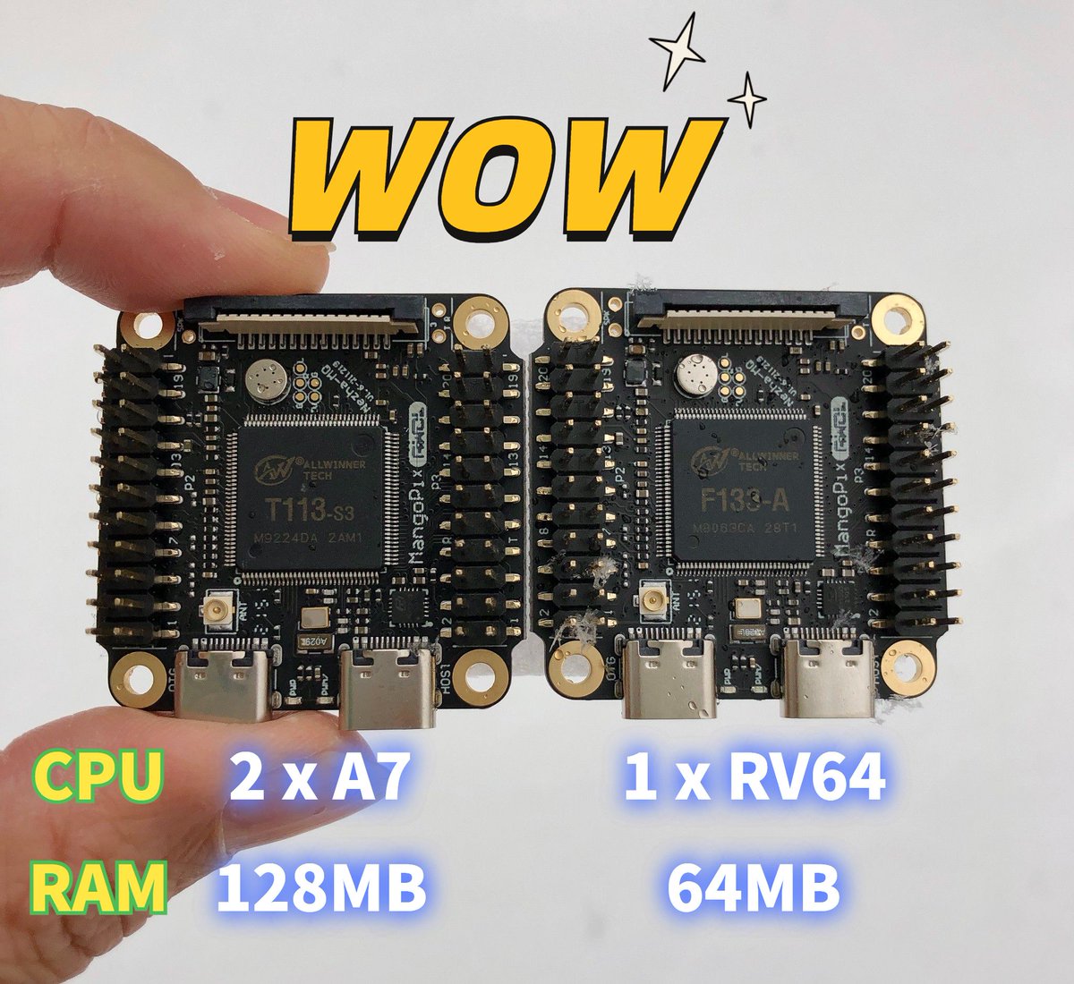 mangopi_sbc's tweet photo. Let's call it MQ-dual ?
T113-S3 pin2pin with F133-A
one is ARM and the other is RISCV64😀 https://t.co/IFr4BlBLt1