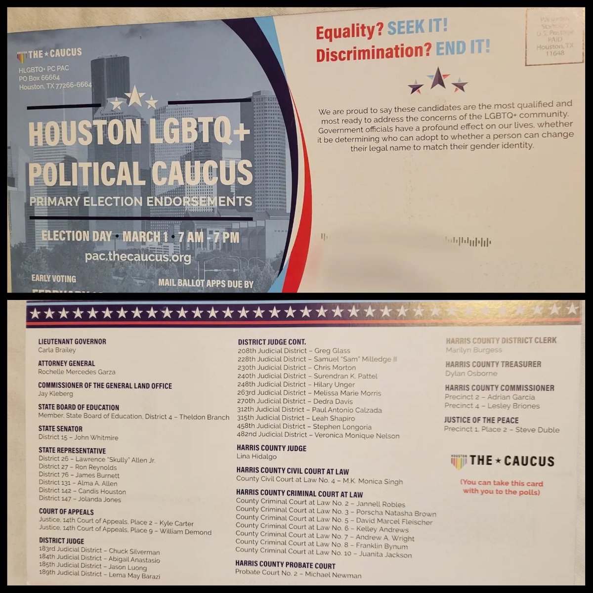 bradpritchett's tweet photo. Got my @HLGBTQCaucus card today and will be using it on the first day of early voting Monday to support these proequality candidates. https://t.co/VLdcUygyDh