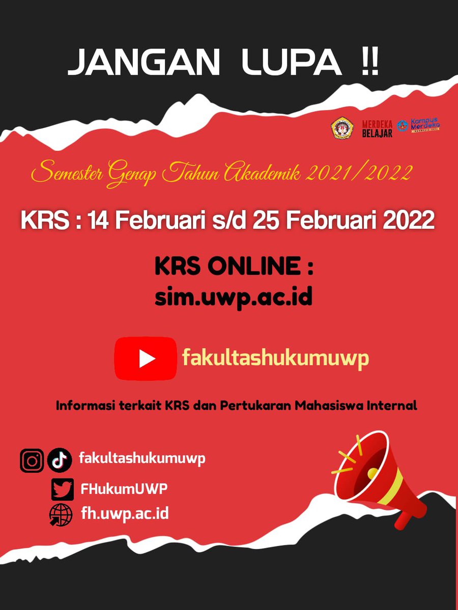 FHukumUWP's tweet photo. selamat pagi lawfriends!
wah udah ngga kerasa ya habis ini udah memasuki semester genap tahun akademik 2021/2022.
kalian jangan lupa untuk memprogramkan Kartu Rencana Studi kalian di SIM UWP ya! https://t.co/aOox5KJ0FG