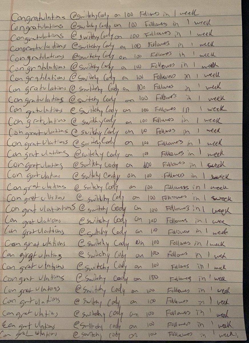 SwitchyCody's tweet photo. Boy he writes alot of lines for me!! But to celebrate my 100 followers @SwitchZak5ft7 wrote 30 lines to celebrate with me. Thank you!
"congratulations @SwitchyCody on 100 followers in 1 week!"
#LineWriter #Dom #Sub #Master https://t.co/a8aN1fQkrs