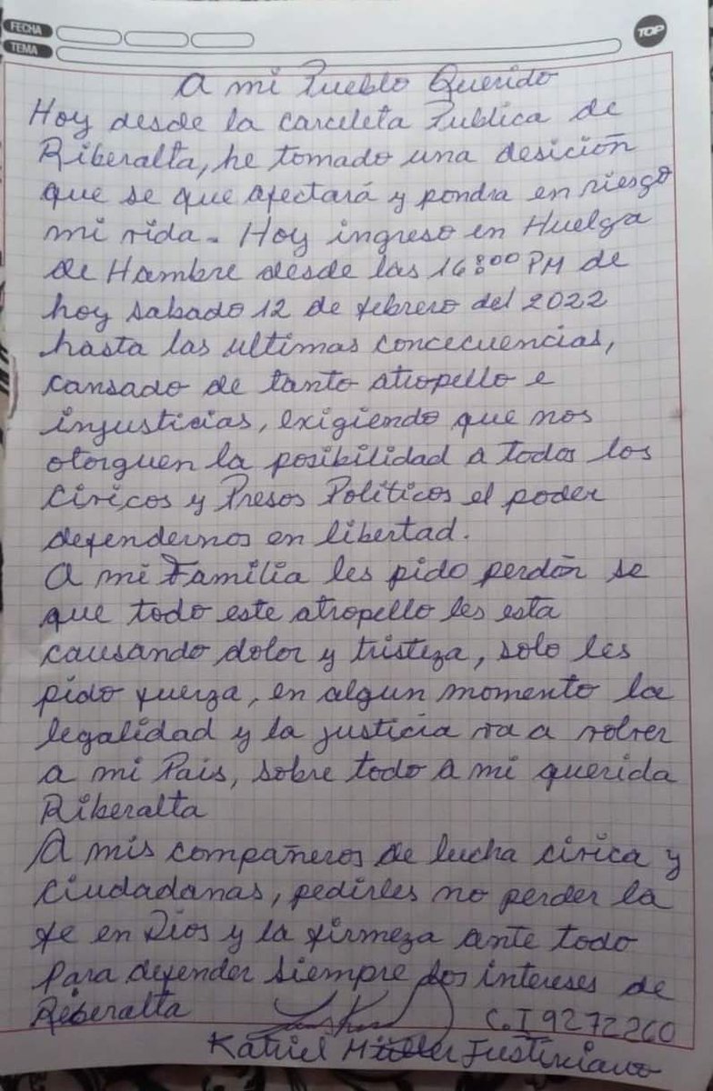 BeatrizCahuasa1's tweet photo. 🔴 #ÚLTIMO
Mario Antonio "#Tonchy" Bascopé, de la #ResistenciaJuvenilCochala y #KatrielMüller, exdirigente cívico de #Riberalta #Beni ingresan en huelga de hambre en protesta "por la persecución judicial y el amedrentamiento de parte de la justicia boliviana", dicen sus cartas. https://t.co/6gBOfkYJ3a