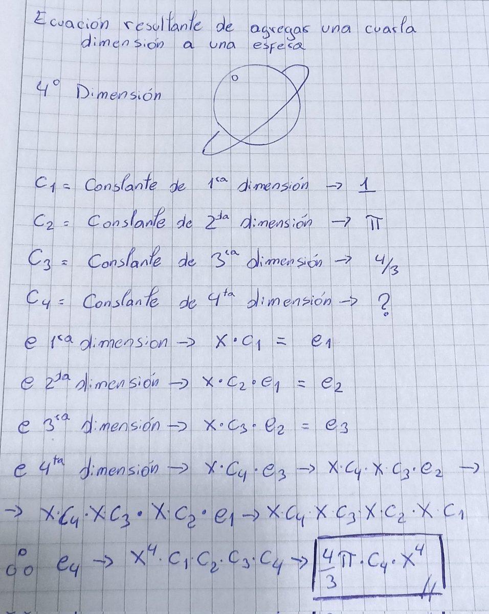 teorias_increib's tweet image. Aquí la ecuación resultante de aplicar una cuarta dimensión a una esfera de tres dimensiones, como el volumen es a una esfera, está ecuación es a una esfera de 4 dimensiones. Teórica mente la cuarta dimensión debería ser identificable con esta ecuación.