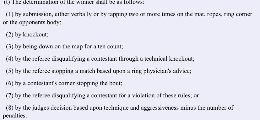 By the way (part 7) Texas has a 10 count as an official way to win an MMA bout. (Complete with typo requiring you to be down on a map, not mat)