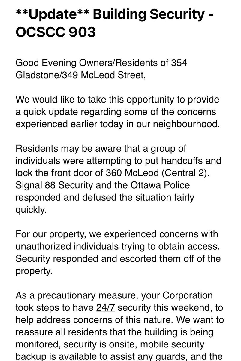 Gray_Mackenzie's tweet photo. Just received this note that was sent to the people who live in the condos beside 360 McLeod, confirming that people did attempt to put handcuffs on the front door of 360 McLeod and police responded to the situation #cdnpoli #ottnews https://t.co/n7DRrGhgLm