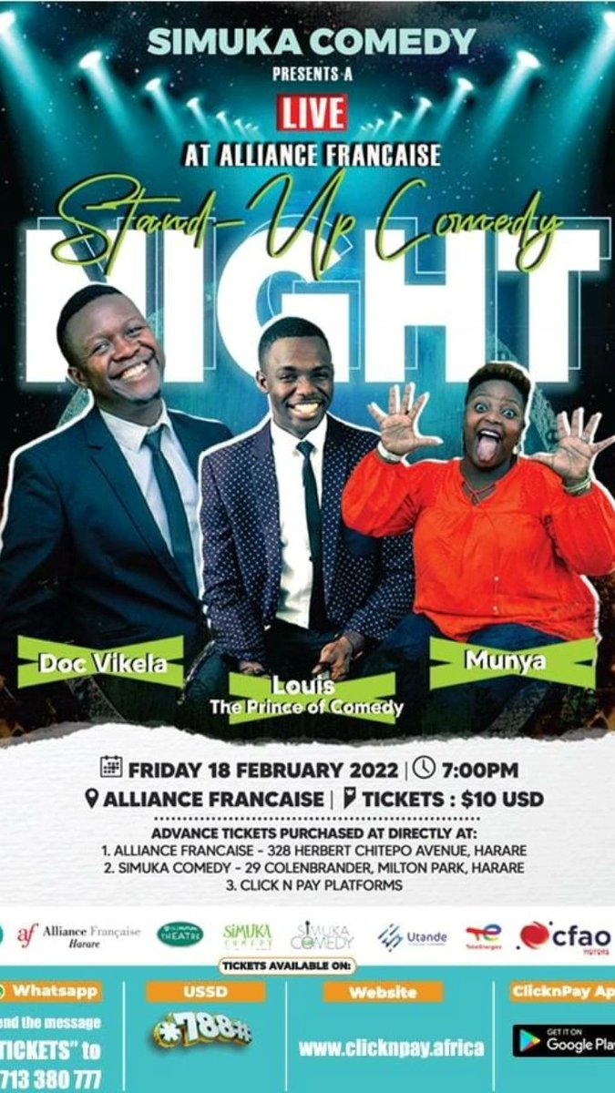 simukacomedy's tweet photo. Simuka Comedy presents a night of laughter. LIVE at Alliance Francaise Friday 18 February 2022 @ 7pm
Adm $10
Feat Munya,Louis and Doc Vikela
#WhenItComesToHumourWeStandUp
#MultiplyingFacesAmplifyingVoices
#SimukaComedyFestival2022
#SimukaComedy ๐ฟ๐ผ๐ฟ๐ผ๐ฟ๐ผ https://t.co/Ys4XXq3TLR