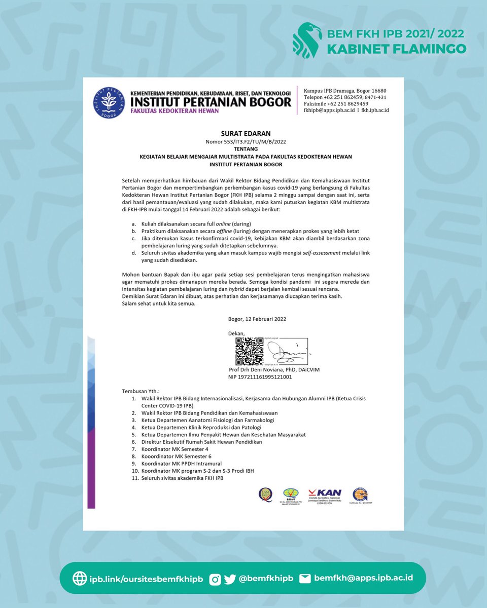 [SURAT EDARAN KBM DI FKH]

Berikut adalah Surat Edaran resmi mengenai Kegiatan Belajar Mengajar Multistrata di Fakultas Kedokteran Hewan IPB University.

——————————
MDB/074/019/02
Media dan Branding
BEM FKH IPB 2021/2022
@bemfkhipb
