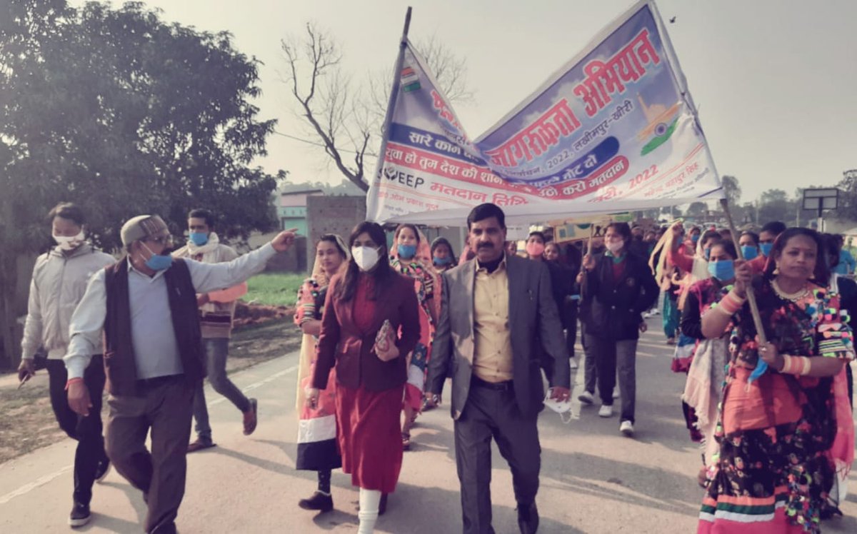 deo_kheri's tweet photo. SVEEP rally in tharu area project officer U.K Singh and tharu social activist Aarti Rana ji..NT Palia @DmKheri @ceoup @ECISVEEP https://t.co/AVCcSr1irV