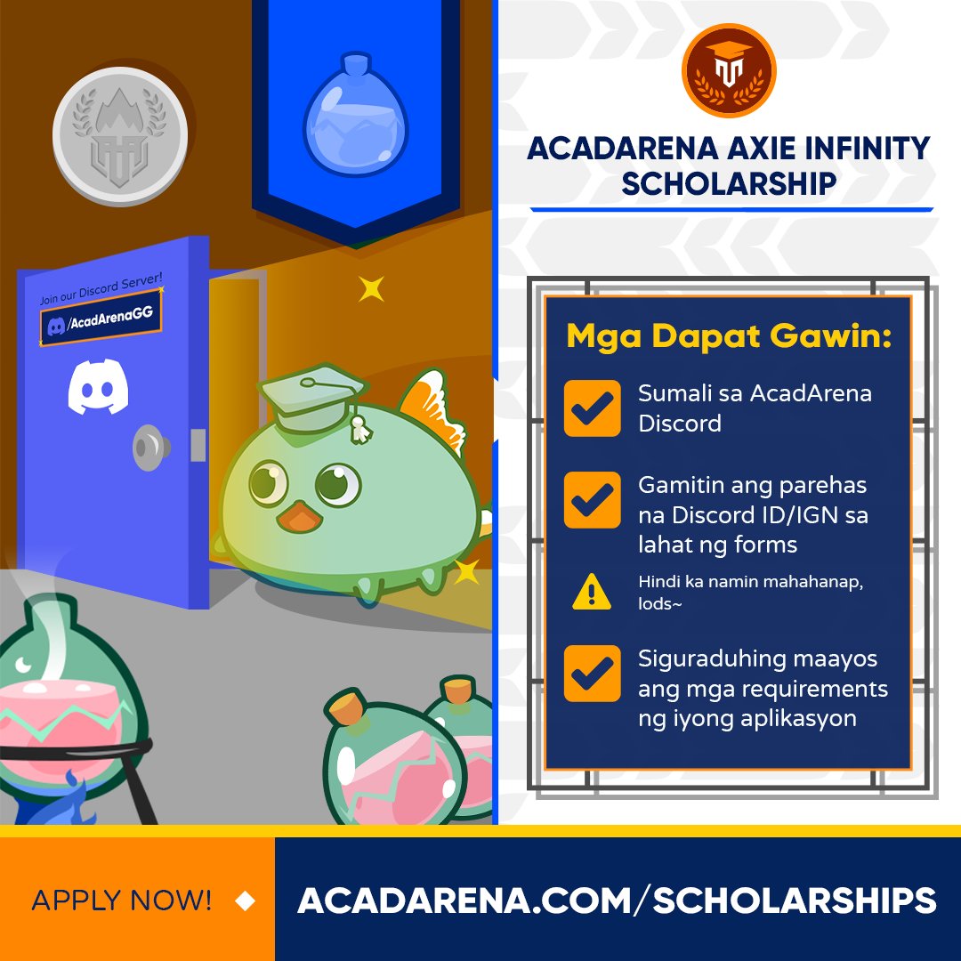 acadarena's tweet photo. MAHALAGANG PAALALA for our aspiring AcadArena #PlayToGrad Scholars 🎓

👾 Discord is the key 🔑: https://t.co/zxxX9oZWdB

Para smooth lang, mga idol 😅 We gotchu hangga't kaya namin!

#NotJustPlay https://t.co/6ObZAGUD0L