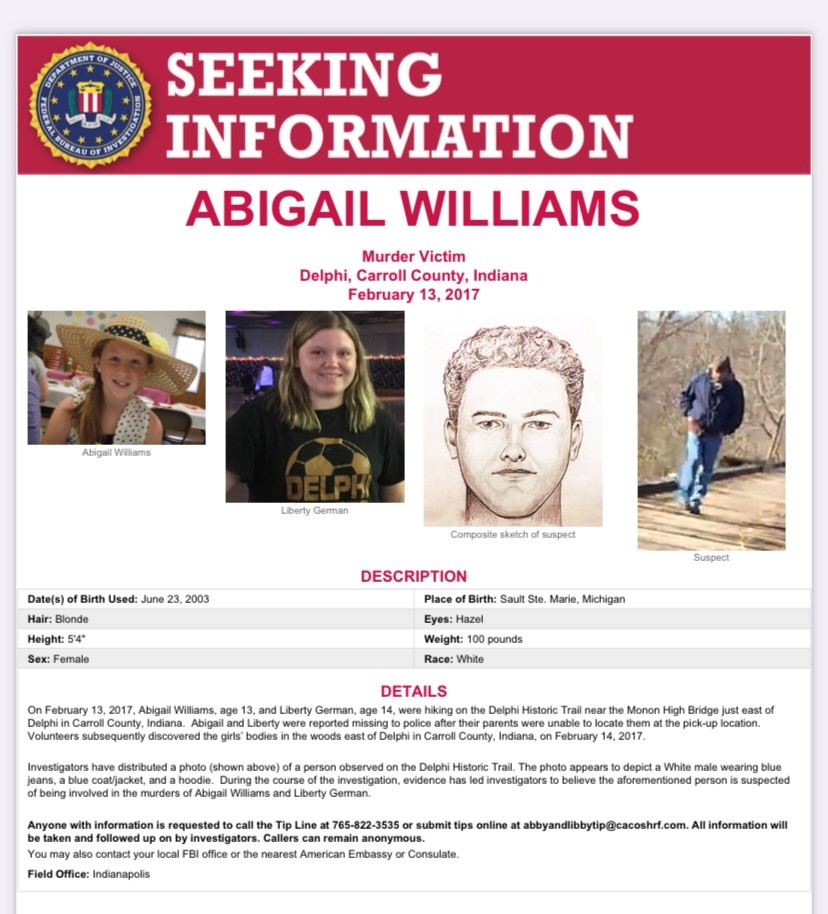 FBI Indianapolis (@fbiindianapolis) on Twitter photo Today marks 5 years since the murders of 14-year-old Libby German and 13-year-old Abby Williams in #Delphi, IN.
Anyone with information is asked to call 765-822-3535.
Tips can also be submitted online to abbyandlibbytip@cacoshrf.com. Today marks 5 years since the murders of 14-year-old Libby German and 13-year-old Abby Williams in #Delphi, IN.
Anyone with information is asked to call 765-822-3535.
Tips can also be submitted online to abbyandlibbytip@cacoshrf.com.