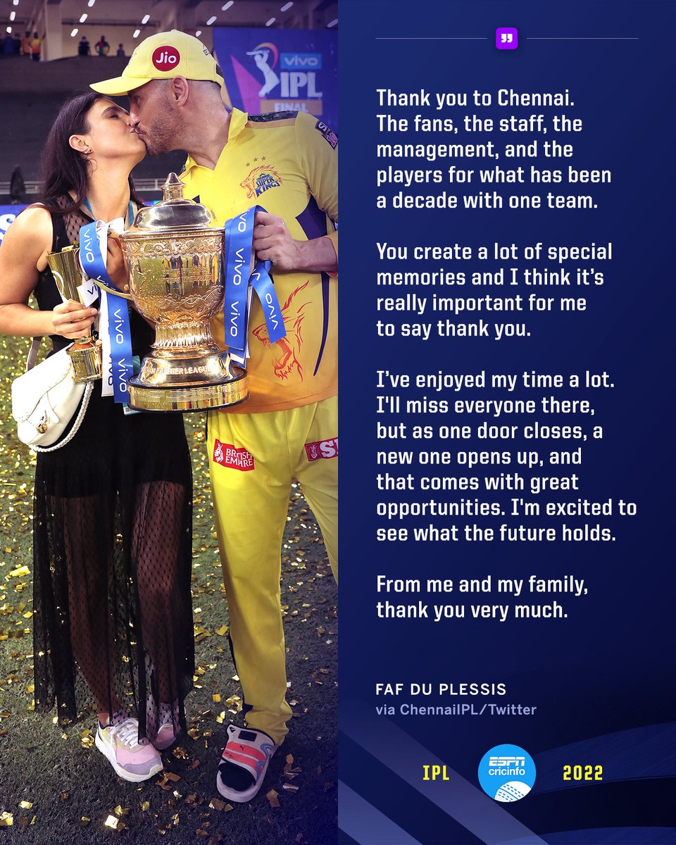 cricinfo's tweet photo. 🟡 9 seasons  
🏆 3 IPL titles 
💛 Countless memories 

It's going to be difficult not seeing Faf in yellow https://t.co/znceIR20t9