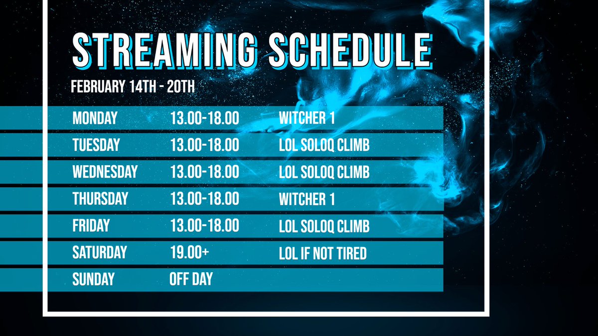Hello, since I have more free time I will try to stream regularly. Here is my schedule for next week. Will be live at twitch.tv/reedfoooo