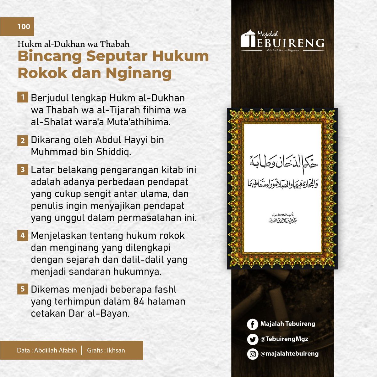 TebuirengMgz's tweet photo. Masih ragu dengan hukum rokok? Ini ada kitab karangan Abdul Hayyi bin Muhammad bin Shiddiq. Beliau menyajikan pendapat yang paling unggul di antara berbagai perbedaan pendapat antar ulama. Yuk baca kitabnya!
#ulasankitab #hukmdukhanwathabah #kitabkuning #majalahtebuireng https://t.co/UVna72OUEs
