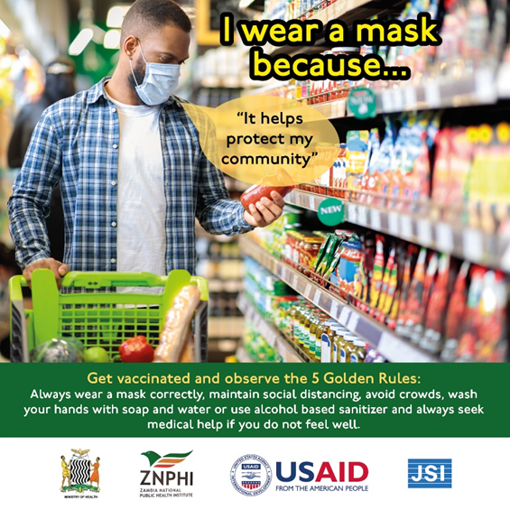 ZMPublicHealth's tweet photo. “I wear a mask because it helps protect my community.” Who do you wear a mask for? Let us know in the comments. Play your part. #GetVaccinated #5GoldenRules #KeepSafe. #WearAMask in public. Keep it on at all times, covering the mouth and nose, to help prevent the spread #COVID19 https://t.co/KpqiD9VWDY