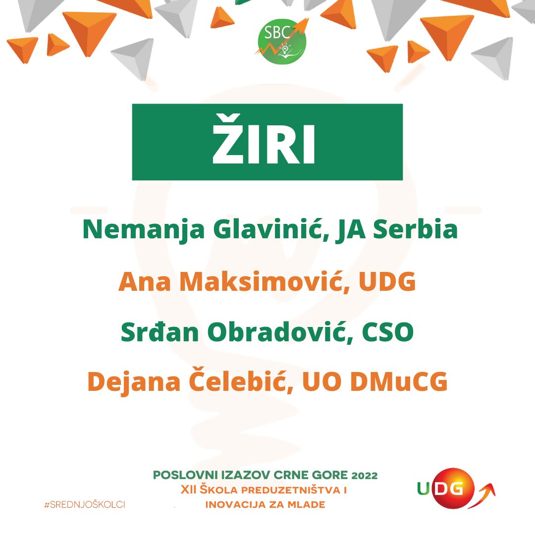 💡Žiri PICG 2022 
Stručni žiri Poslovnog Izazova Crne Gore ove godine čine: 

Nemanja Glavinić, JA Serbia
Ana Maksimović, UDG
Srđan Obradović, CSO
Dejana Čelebić, UO DMuCG

Ovom prilikom se zahvaljujemo žiriju koji je odlučio da ovu nedjelju posveti našim mladim preduzetnicima💡
