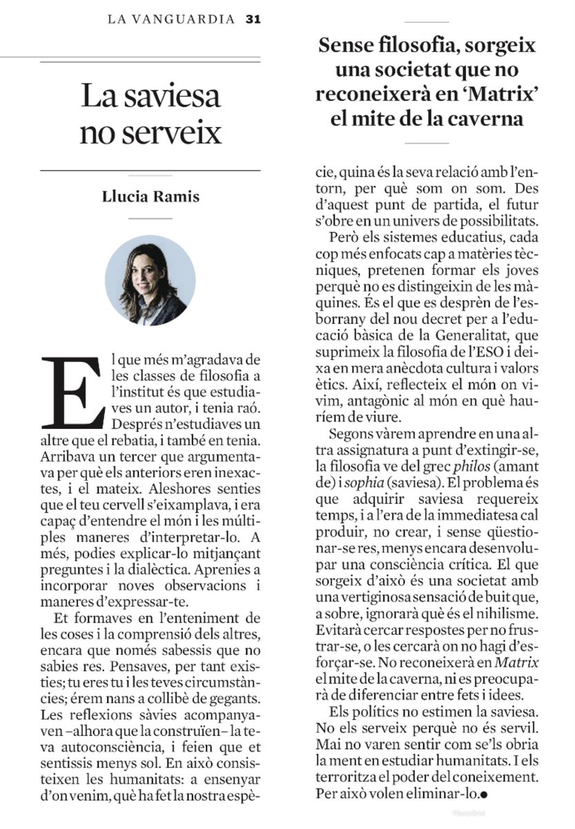 idaeidea's tweet photo. 👉 “El que més m’agradava de les classes de filosofia a l’institut és que estudiaves un autor, i tenia raó. Després n’estudiaves un altre que el rebatia, i també en tenia. Arribava un tercer que argumentava per què els anteriors eren inexactes, i el mateix…” @lluciaramis ✍️👇 https://t.co/Re1I0naXH4