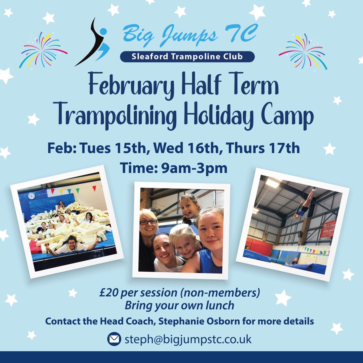 ❗️LAST CHANCE BOOKINGS❗️

Tuesday -spaces available 
Wednesday -FULL
Thursday - spaces available 

Contact us now 

steph@bigjumpstc.co.uk 

#teambigjumps #trampoline #holidaycamp #booknow‼️