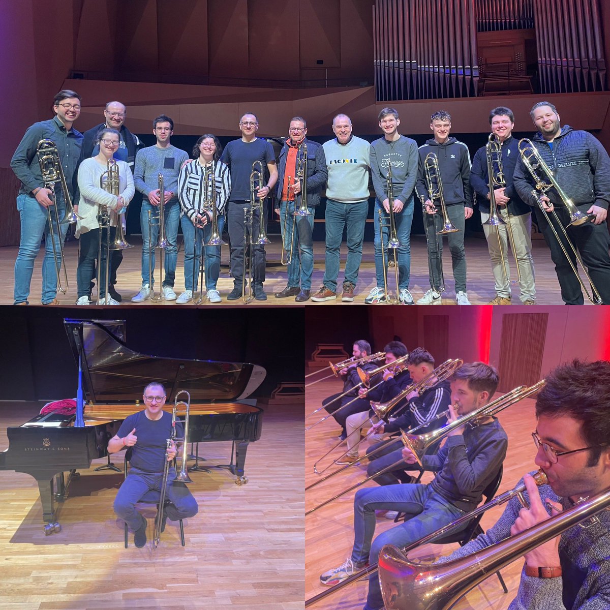 JacquesMAUGER's tweet photo. Samedi 12 février journée de master classe de trombones pour les étudiants de l’IESM D’Aix en Provence avec le grand Vincenzo PARATORE. Grande journée avec un travail complet de concertos du répertoire avec piano, traits d’orchestre et travail en pupitre d’orchestre ..Bravo https://t.co/dDIlIOFxe5