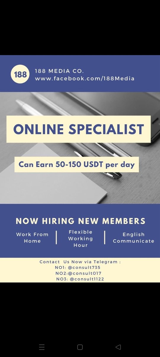 CairoMark's tweet photo. 188 Media Co.
📣 Online Specialist Urgently Required
🤷🏻‍♂️ Limited candidates available
💰 Daily wages up to 150 USDT
⚖️ Part Time &amp; Full Time Jobs

Any inquiries, kindly Contact us via Telegram: https://t.co/2YCmIe242S  https://t.co/1m6nHBYv1N  or https://t.co/TumnRCdcmK

#jobs https://t.co/OY8XC6fbJp