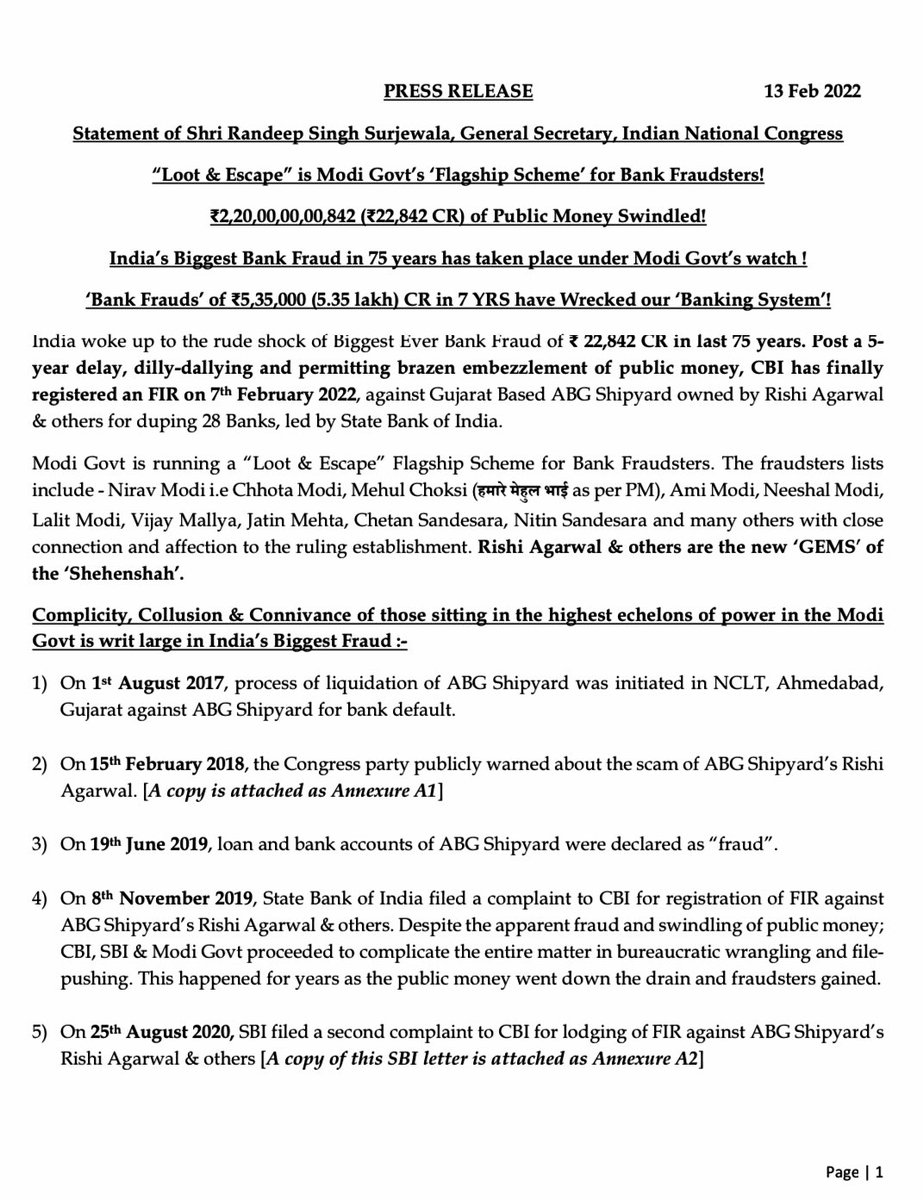 rssurjewala's tweet photo. “Loot &amp; Escape” is Modi Govts ‘Flagship Scheme’ for Bank Fraudsters

₹2,20,00,00,00,842 of Public Money Swindled

India’s Biggest Bank Fraud in 75yrs has taken place under Modi Govts watch

‘Bank Frauds’ of ₹5,35,000 Cr in 7yrs have Wrecked our ‘Banking System’

Our Statement-: https://t.co/89UlFNPLbz